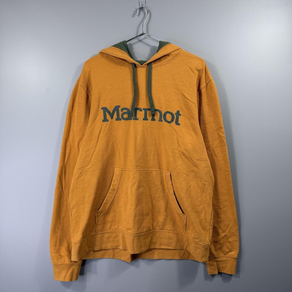Marmot Hoodie Mens Large Orange Fleece Pullover Kangaroo Pocket Logo Sweatshirt